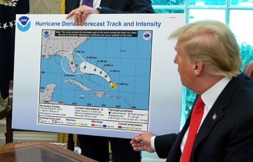 President Donald Trump references a map of a forecast for Hurricane Dorian in 2019. Trump drew on the map with a Sharpie to indicate the storm would track over Alabama. It did not.
