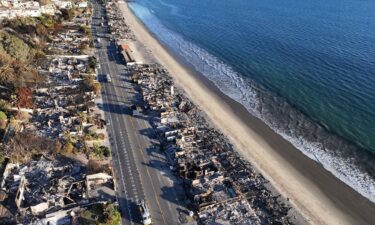 An aerial view of beachside homes destroyed in the Palisades Fire along the Pacific Coast Highway on January 16