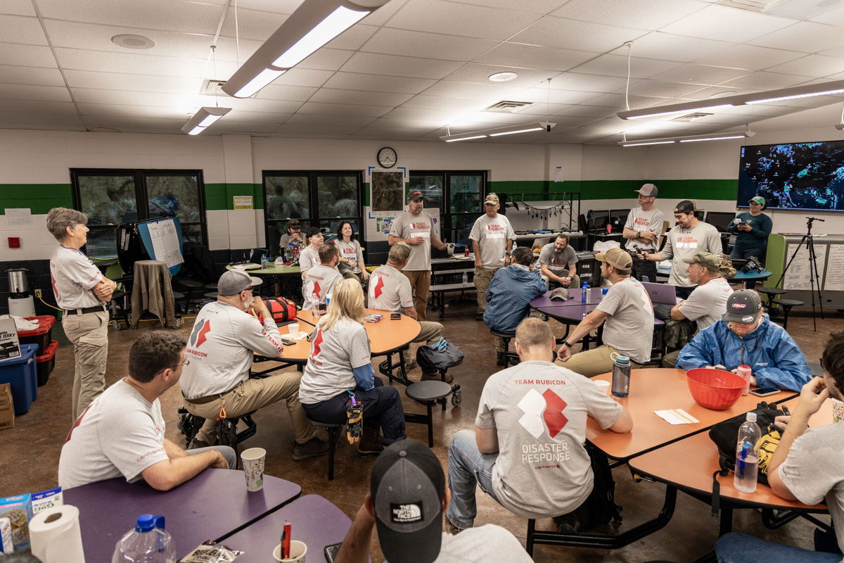 <i>Team Rubicon via CNN Newsource</i><br/>Team Rubicon volunteers gather at Hunt School in Hunt