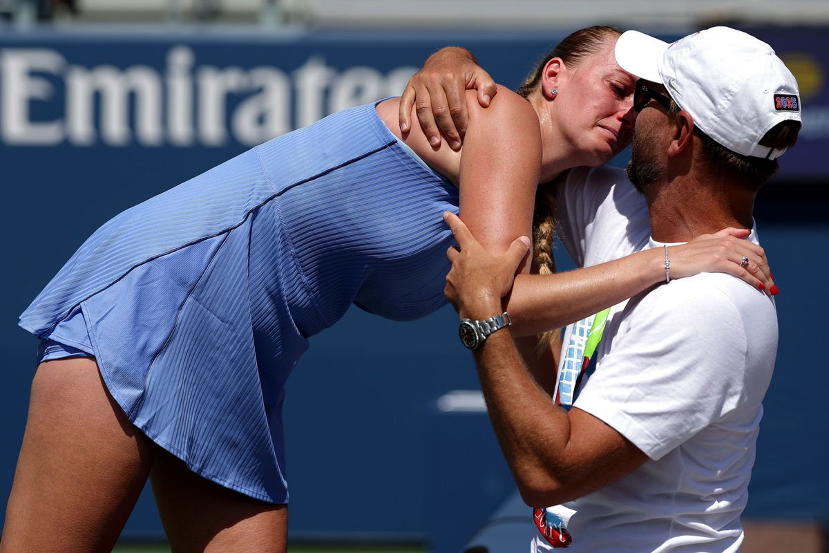 <i>Al Bello/Getty Images via CNN Newsource</i><br/>Kvitova embraces her husband and coach Jiří Vaněk after her final match.