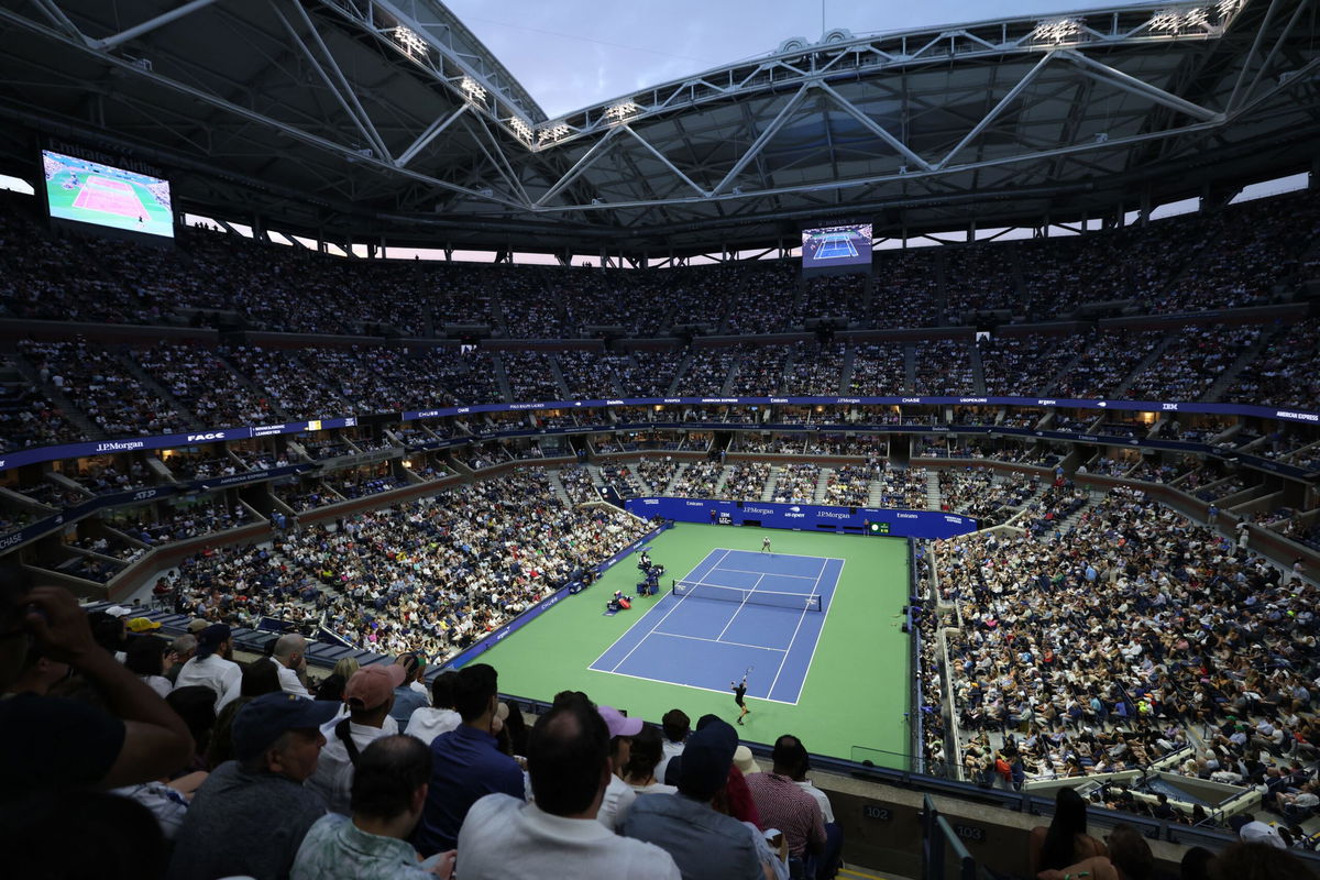 <i>Charly Triballeau/AFP/Getty Images via CNN Newsource</i><br/>A general view shows Arthur Ashe Stadium during the men's singles first round tennis match between Serbia's Novak Djokovic and USA's Learner Tien.