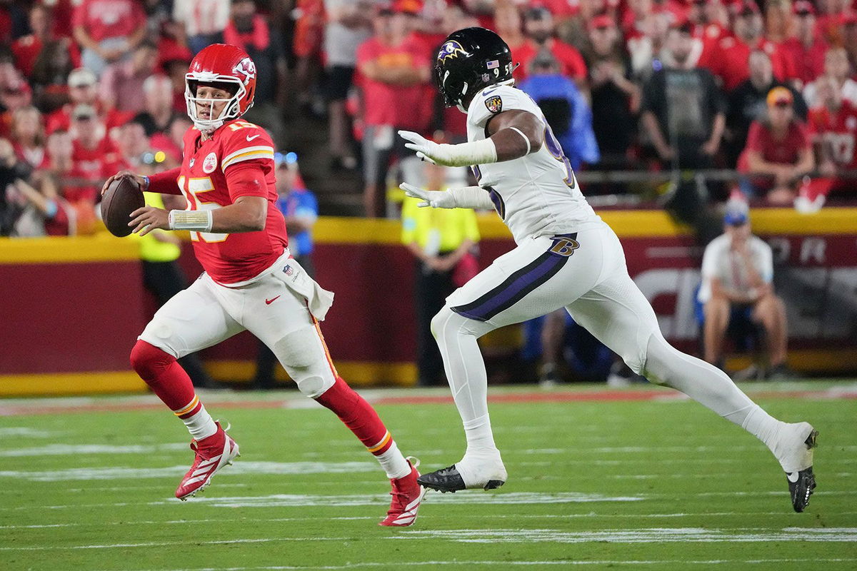 <i>Denny Medley/Imagn Images/Reuters via CNN Newsource</i><br/>Kansas City Chiefs quarterback Patrick Mahomes runs the ball as Baltimore Ravens linebacker Tavius Robinson (95) chases during the second half at Arrowhead Stadium last year.