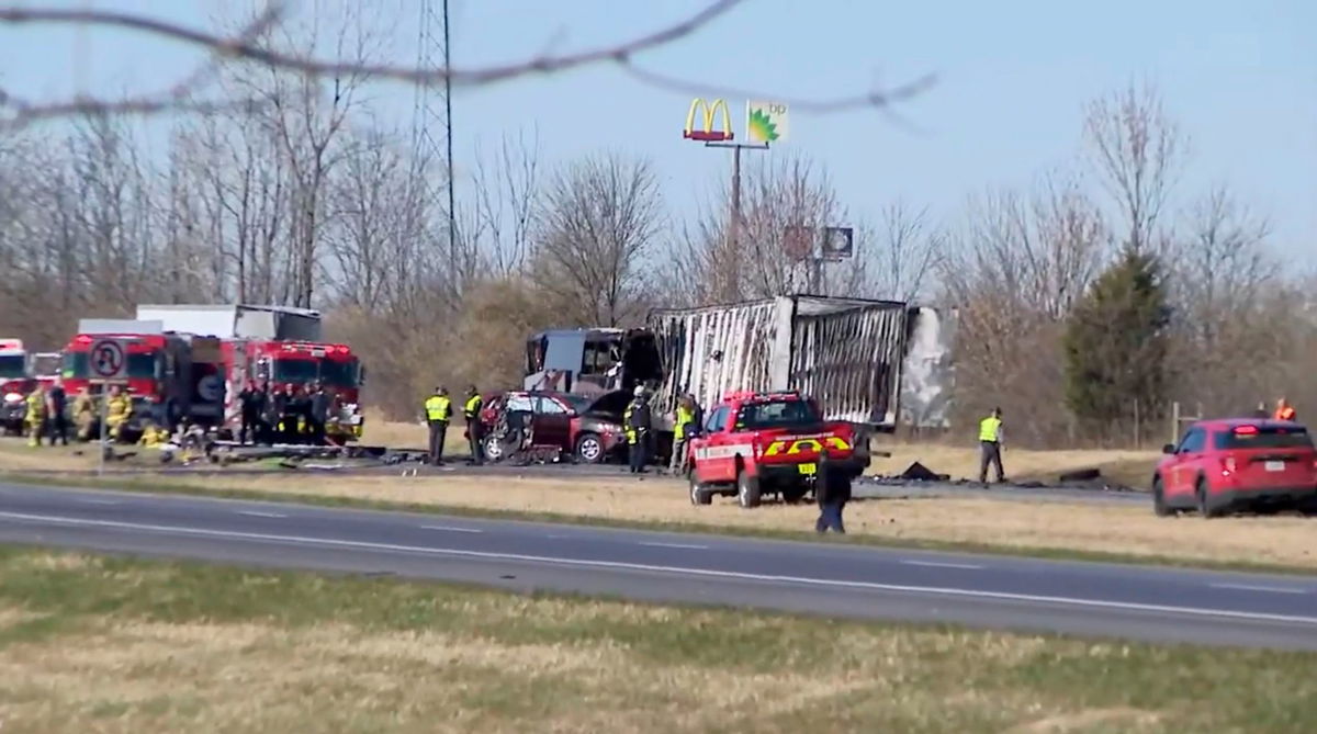 <i>WSYX/WTTE/AP via CNN Newsource</i><br/>Emergency responders at the scene of the fatal accident on Interstate 70 West in Licking County