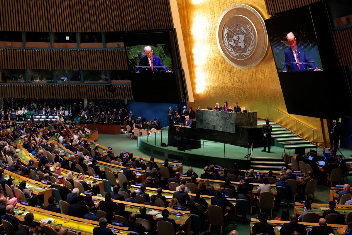 <i>Chip Somodevilla/Getty Images via CNN Newsource</i><br/>A general view as U.S. President Donald Trump speaks during the 80th session of the UN’s General Assembly (UNGA) at the United Nations headquarters on September 23 in New York City.