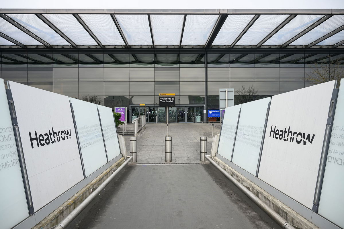 <i>Leon Neal/Getty Images/FILE via CNN Newsource</i><br/>A file photo shows the exterior of London Heathrow Airport of Terminal 4 in March.  London’s Heathrow airport has evacuated the check-in area of one of its terminals.