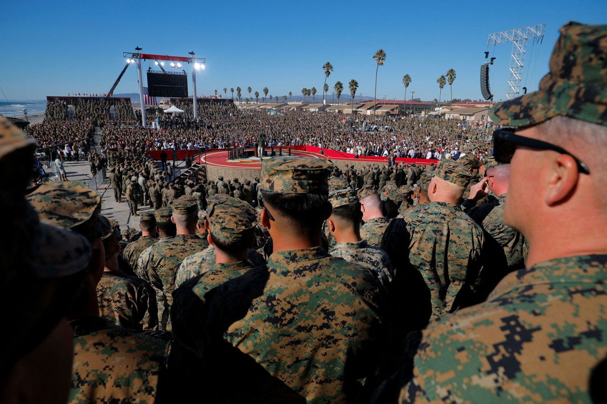 <i>Mike Blake/Reuters via CNN Newsource</i><br/>Marines listen to Vice President JD Vance speak at the 250th anniversary celebration of the United States Marine Corps at Camp Pendleton