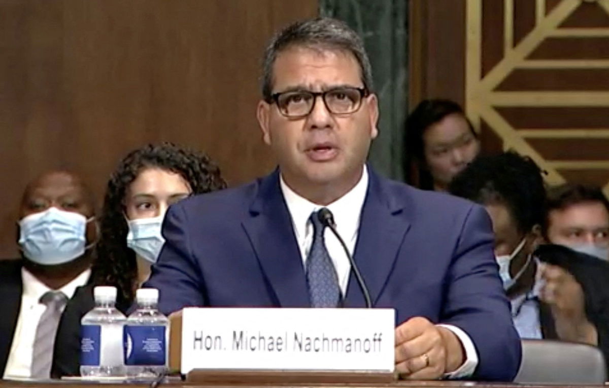 <i>US Senate/Reuters/File via CNN Newsource</i><br/>US District Judge Michael Nachmanoff testifies during a Senate Judiciary Committee nomination hearing on July 28