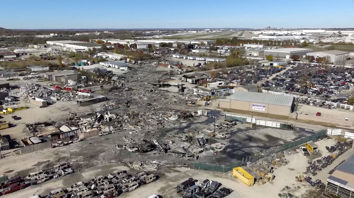 <i>NTSB/Reuters via CNN Newsource</i><br/>A drone view of the crash site near Muhammad Ali International Airport following the crash of a UPS cargo plane in Louisville