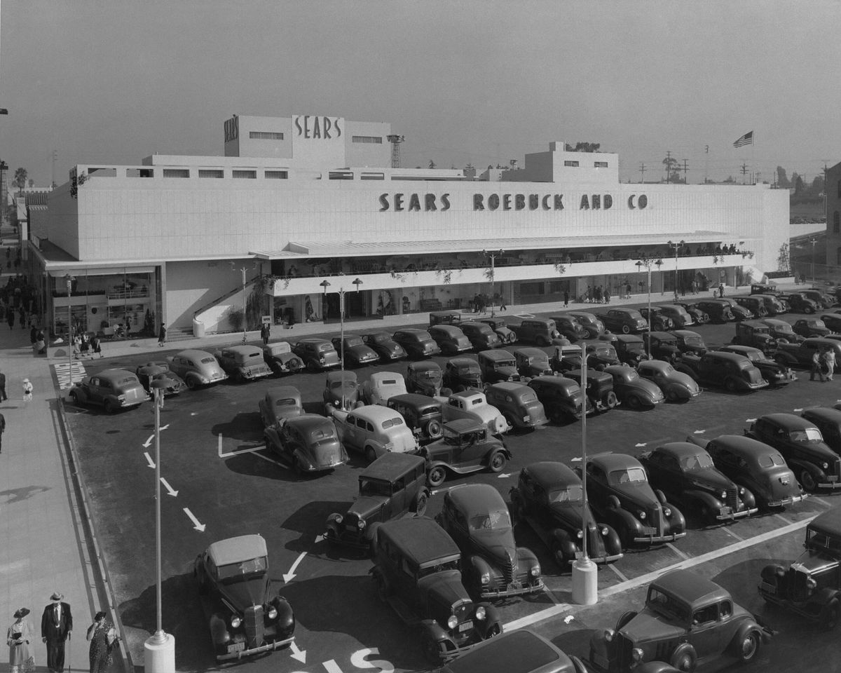 A view of the parking lot of a Sears and Roebuck department store in the late 1930's on Pico Boulevard in Los Angeles.
