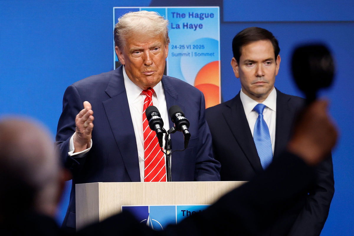President Donald Trump attendsa a news conference with Secretary of State Marco Rubio